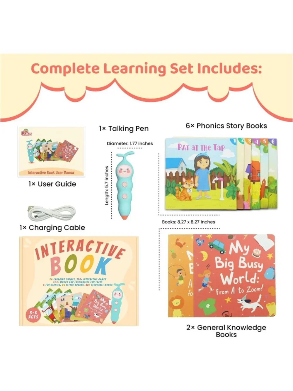 Interactive Talking Pen Set with 8 Books, 600+ Words, Phonics & Q&A Features